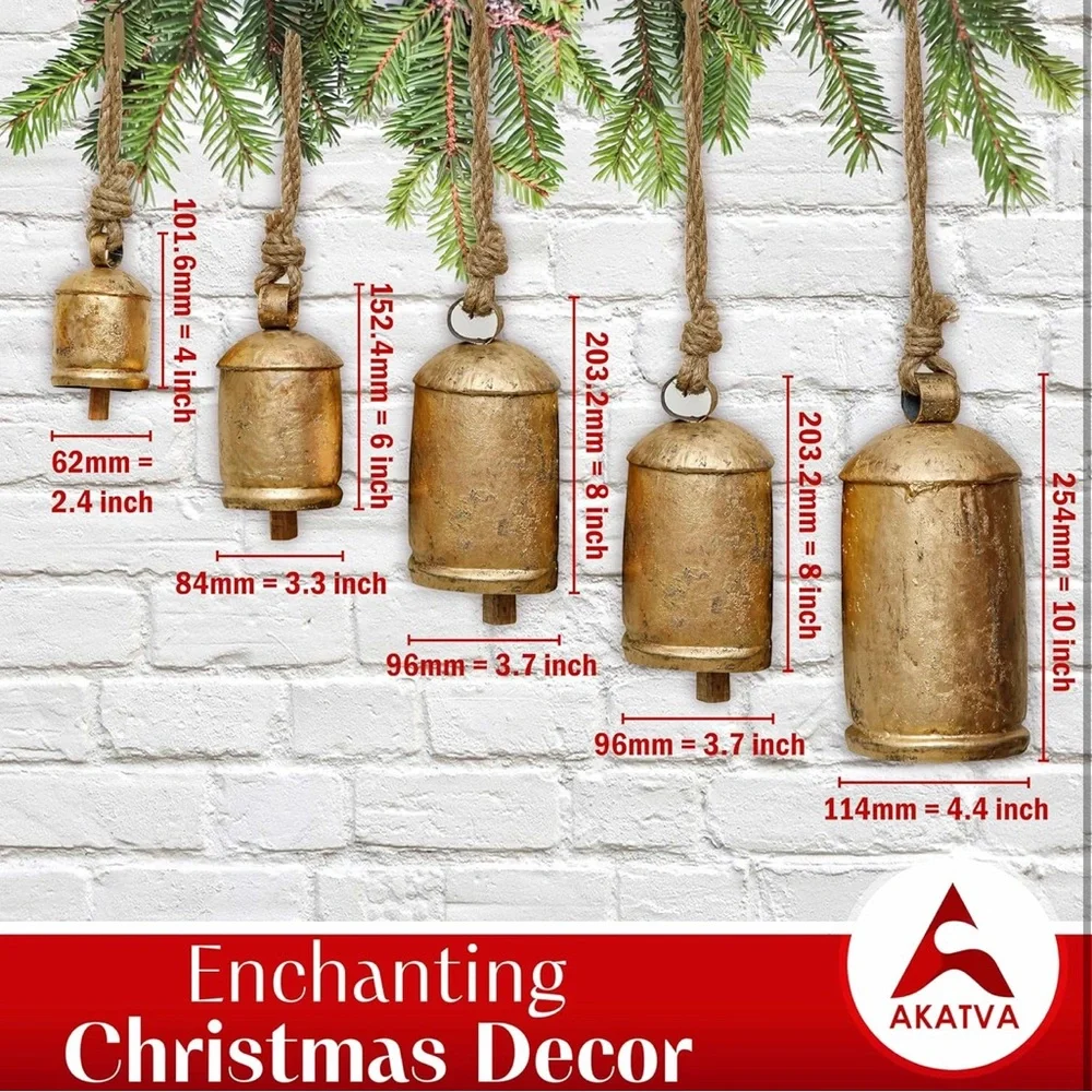 Akatva Large Brass Cow Bells 
Rustic Christmas Decor 5 pc Set
Vintage Gold Bells - Picture 2 of 12